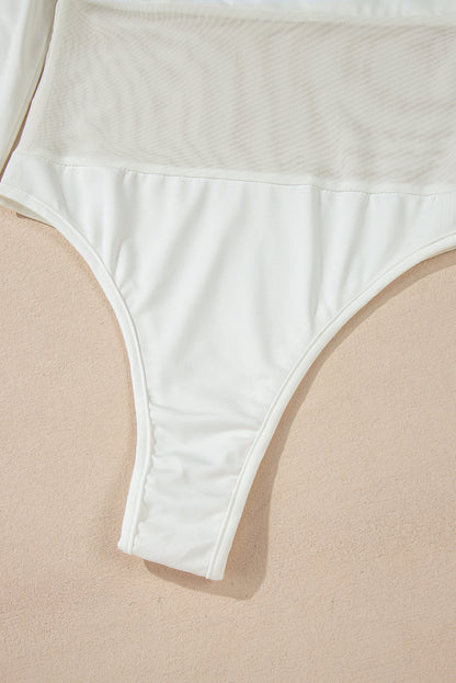 Body Blanc à Manches Longues avec Empiècements en Mesh