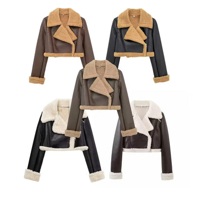 Manteau court d'hiver pour femmes en laine d'agneau avec col rabattu et similicuir, style PU
