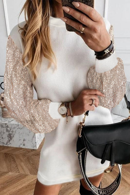 Robe mini à manches bouffantes à sequins blancs