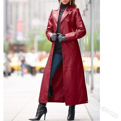 Veste en cuir pour femme à boutons, grande taille, coupe ajustée, manteau trench en cuir.
