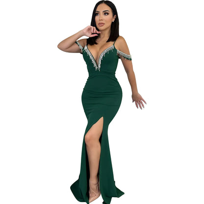 Robe longue à bretelles avec franges unies pour femme