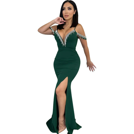 Robe longue à bretelles avec franges unies pour femme