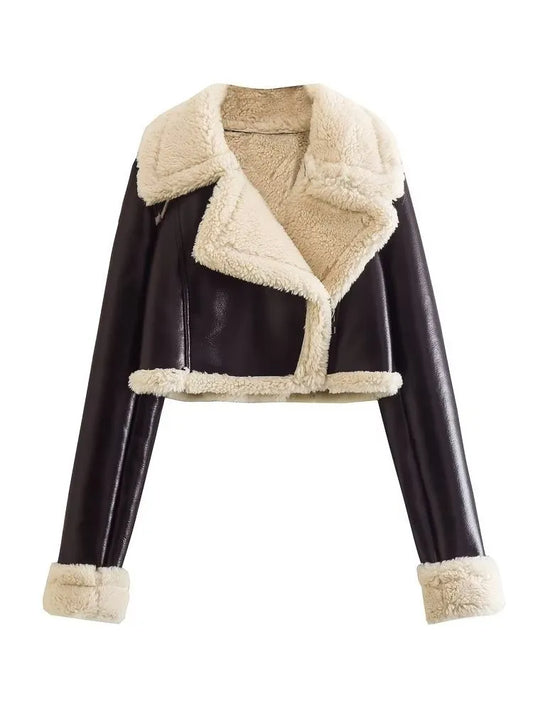 Manteau court d'hiver pour femmes en laine d'agneau avec col rabattu et similicuir, style PU