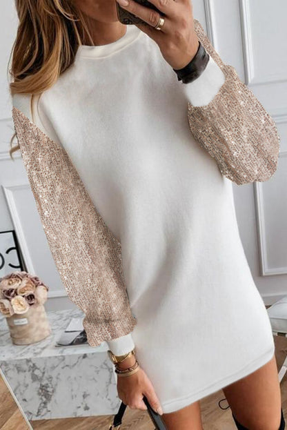Robe mini à manches bouffantes à sequins blancs