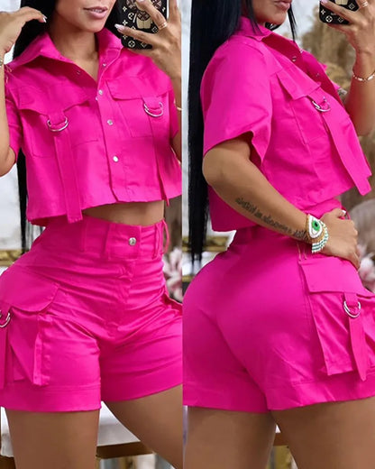 Ensemble deux pièces pour femmes, haut à poches plissées et short uni