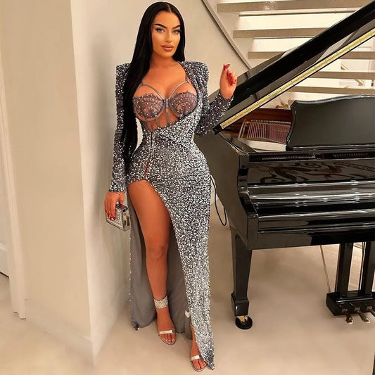 Body Sequin Sexy et Robe Fendue pour une Touche Glamour