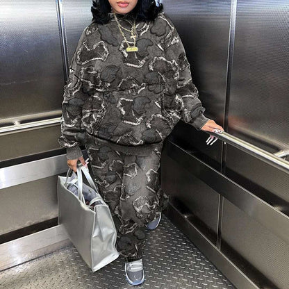 Ensemble deux pièces pour femmes avec capuche, imprimé automnal, poches, manches longues, et pantalon