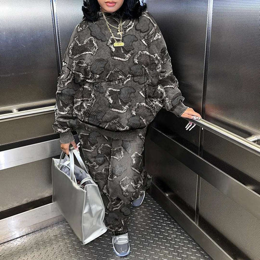 Ensemble deux pièces pour femmes avec capuche, imprimé automnal, poches, manches longues, et pantalon