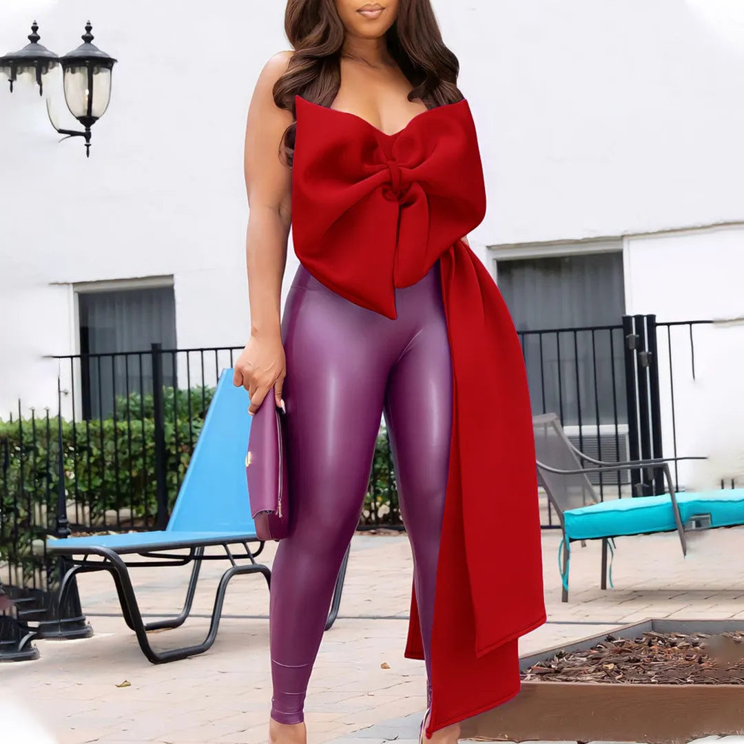 Top chic sans bretelles pour femmes avec grand nœud, blouse cropped