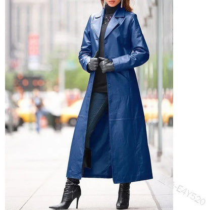 Veste en cuir pour femme à boutons, grande taille, coupe ajustée, manteau trench en cuir.