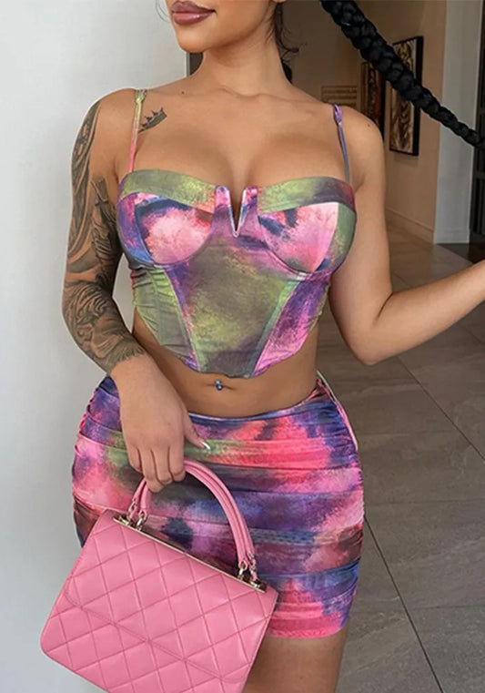 Haut Camisole Imprimé et Jupe Courte Ajustée