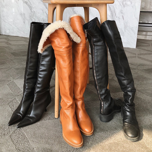 Bottes Hautes en Cuir Fines et Polyvalentes pour Femmes