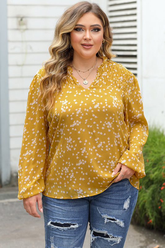 Blouse à imprimé floral jaune avec col fendu et froncé