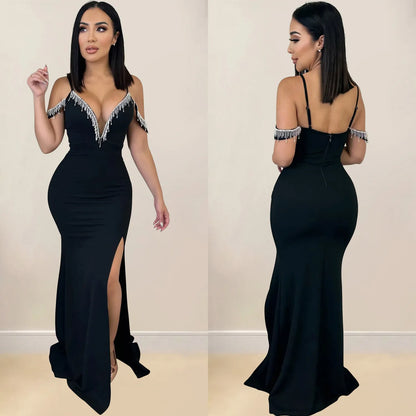 Robe longue à bretelles avec franges unies pour femme