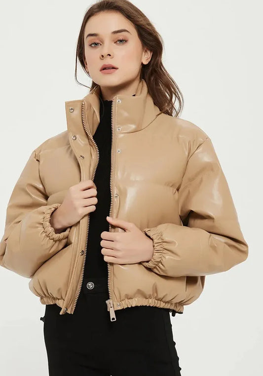 Veste en cuir décontractée unie rembourrée de coton avec col montant.