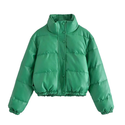 Veste en cuir décontractée unie rembourrée de coton avec col montant.