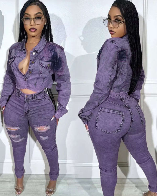 Ensemble deux pièces en denim extensible pour femmes