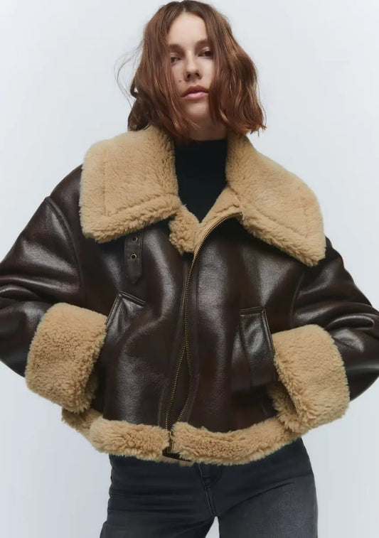 Veste à Col Relevé en Fourrure Double-Face, Unie, pour Femmes, pour l'Automne et l'Hiver