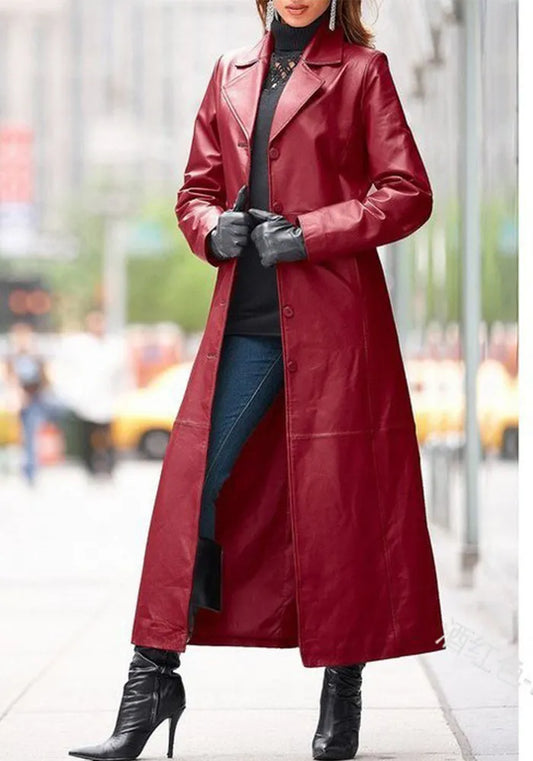 Veste en cuir pour femme à boutons, grande taille, coupe ajustée, manteau trench en cuir.