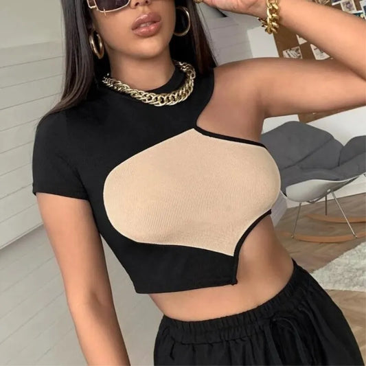 Top Court Ajusté en Côtelé pour Femme - Épaule Dénudée, Couleur Contrastante, Manches Courtes Sexy