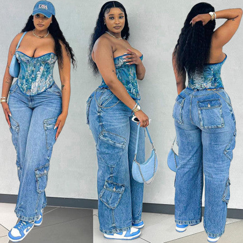 Pantalon en Denim Droit pour Femme avec Poches