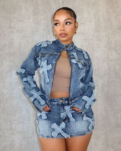 Ensemble jupe et veste en jean brodé de printemps
