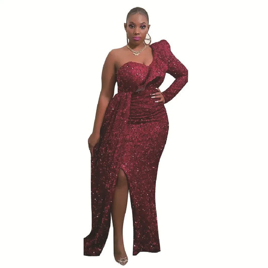 Robe Longue de Soirée à Paillettes à Une Épaule