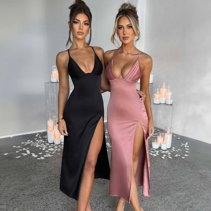 Robe dos nu plissée à encolure en V, élégante et à la mode pour femmes