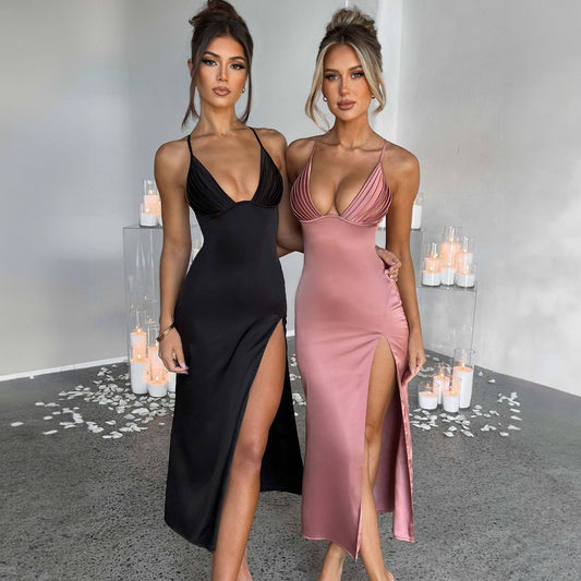 Robe dos nu plissée à encolure en V, élégante et à la mode pour femmes