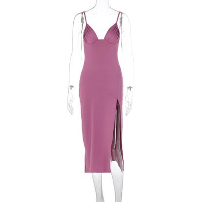 Robe dos nu plissée à encolure en V, élégante et à la mode pour femmes