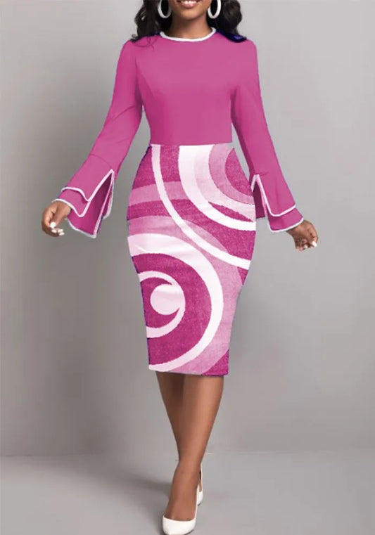 Robe moulante élégante à col rond avec imprimé et patchwork