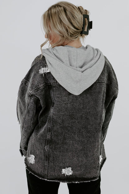 Veste en jean noir à capuche à cordon de serrage et bordures effilochées