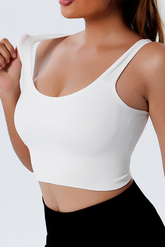Haut de yoga blanc sans couture à encolure en U et sans manches, coupé court