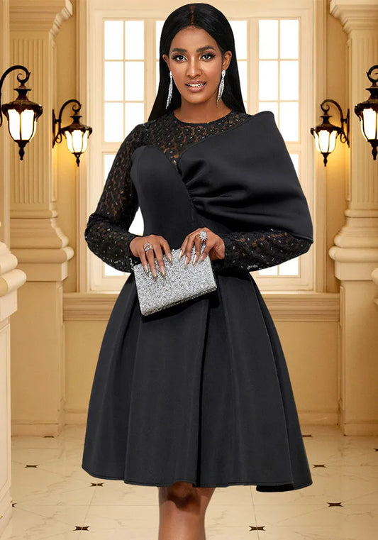 Robe Formelle Chic de Printemps à Manches Longues en Dentelle et Col Rond