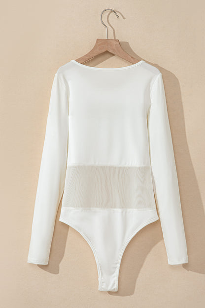 Body Blanc à Manches Longues avec Empiècements en Mesh