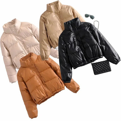 Veste en cuir décontractée unie rembourrée de coton avec col montant.