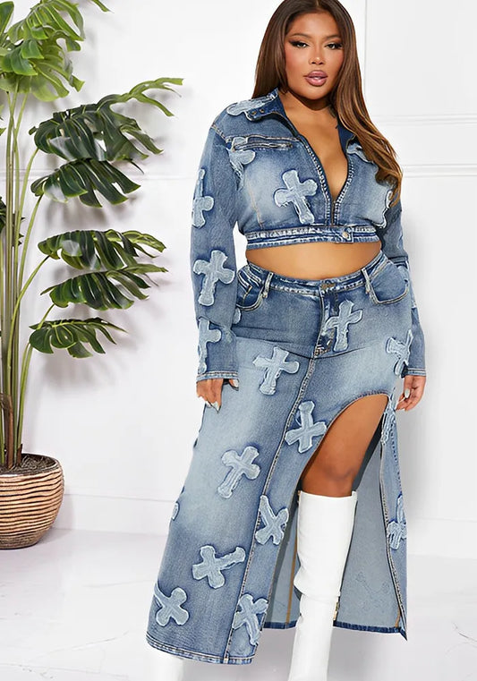 Ensemble jupe deux pièces en denim brodé et délavé, à l'allure sexy et hautement extensible pour femme