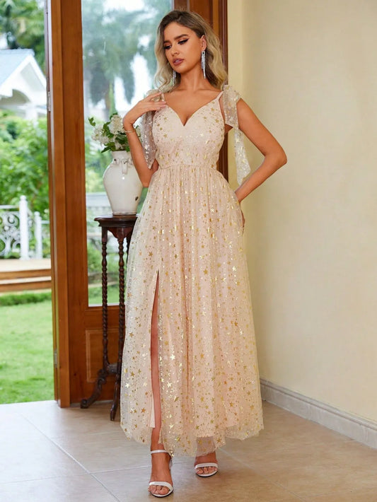 Robe Élégante Imprimée avec Lacets et Fente Gracieuse