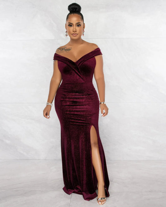 Robe de Soirée Élégante à Manches Courtes et Fente