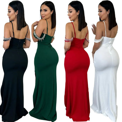Robe longue à bretelles avec franges unies pour femme