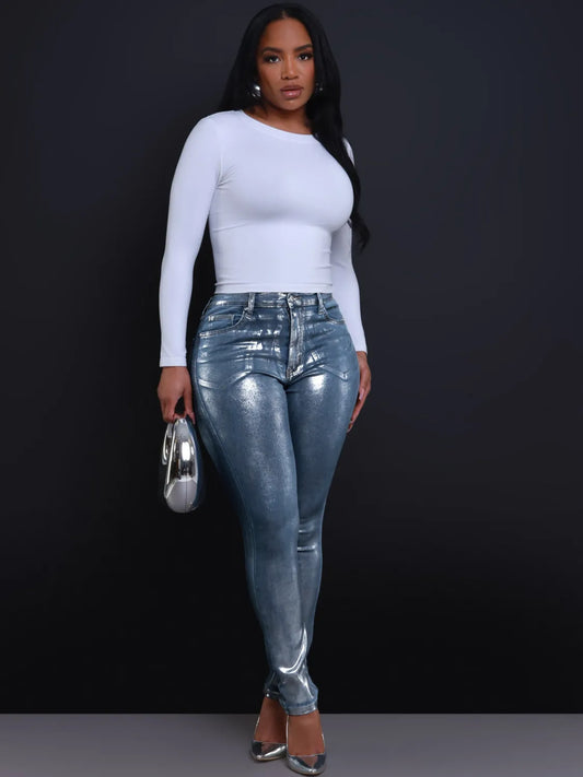 Pantalon en Denim Stretch Argenté Brillant