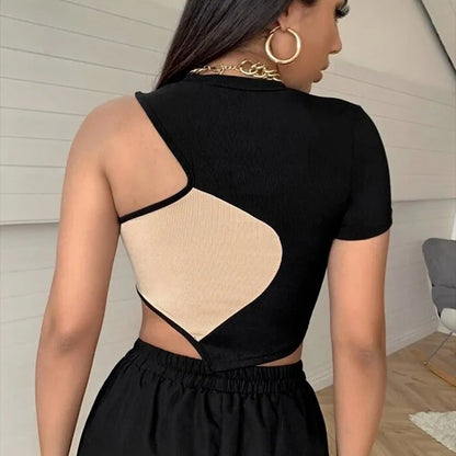 Top Court Ajusté en Côtelé pour Femme - Épaule Dénudée, Couleur Contrastante, Manches Courtes Sexy