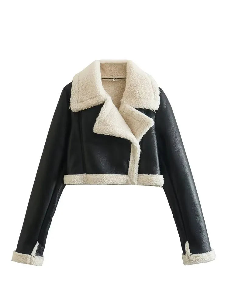Manteau court d'hiver pour femmes en laine d'agneau avec col rabattu et similicuir, style PU