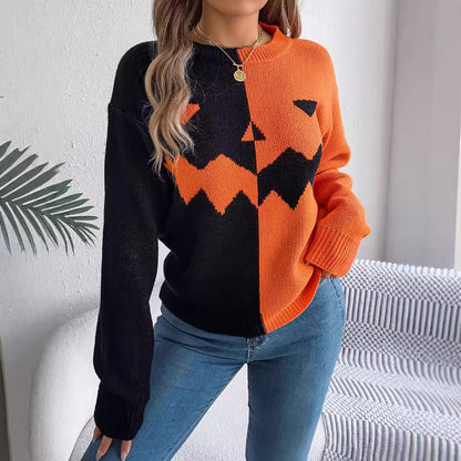 Pull à manches longues mode, pull à couleurs contrastées Halloween