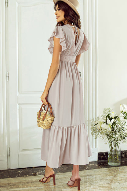 Oatmeal Lace V Neck Ruffled Sleeve Empire Waist Dress