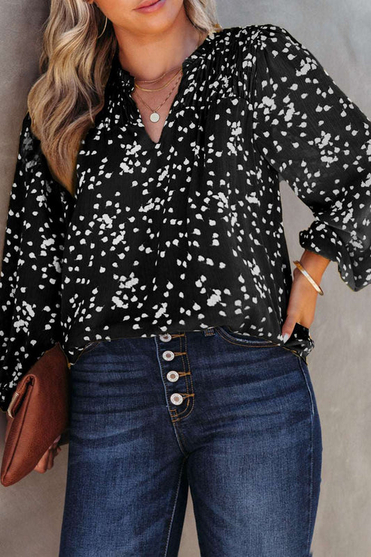Chemisier grande taille à encolure fendue froncée et imprimé floral noir