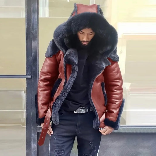 Manteau court homme en cuir PU avec capuche et doublure laine