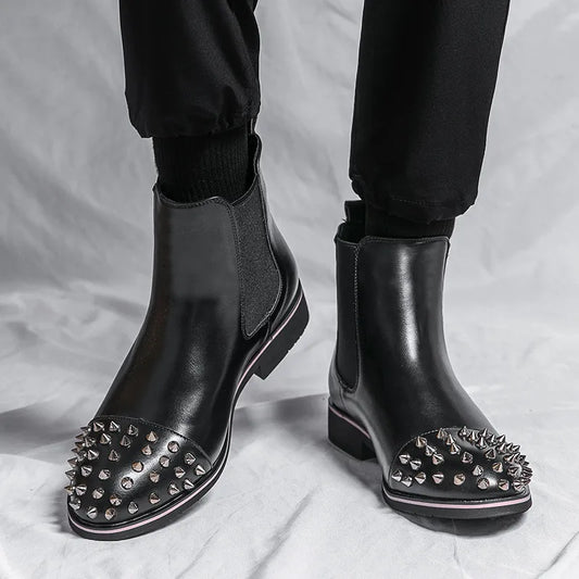 Boots Chelsea à Rivets pour Homme - Bottes Martin en Cuir Rétro