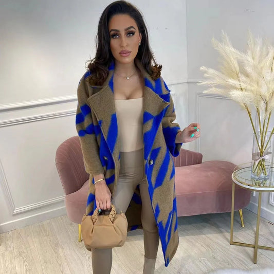 Veste pour femmes à manches longues et col en revers, motif à blocs de couleurs