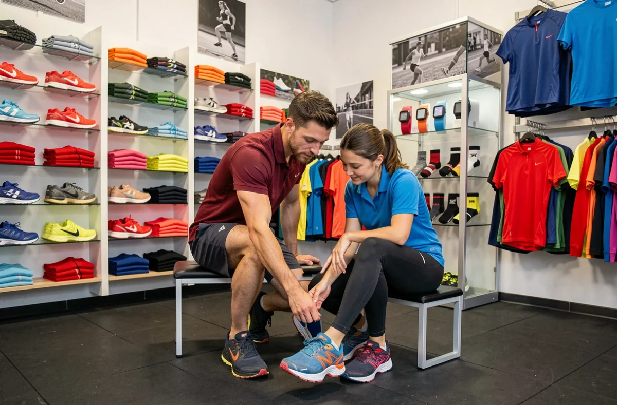 Intérieur du magasin de sport A Vos Marques à Rouen, avec un vendeur aidant une cliente à essayer des chaussures de running parmi des rayons colorés de vêtements techniques
